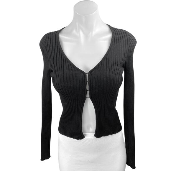 Superdown Women's Black Long Sleeve Ribbed Knit Cardigan Cardian Crop Top Size S - Picture 1 of 4